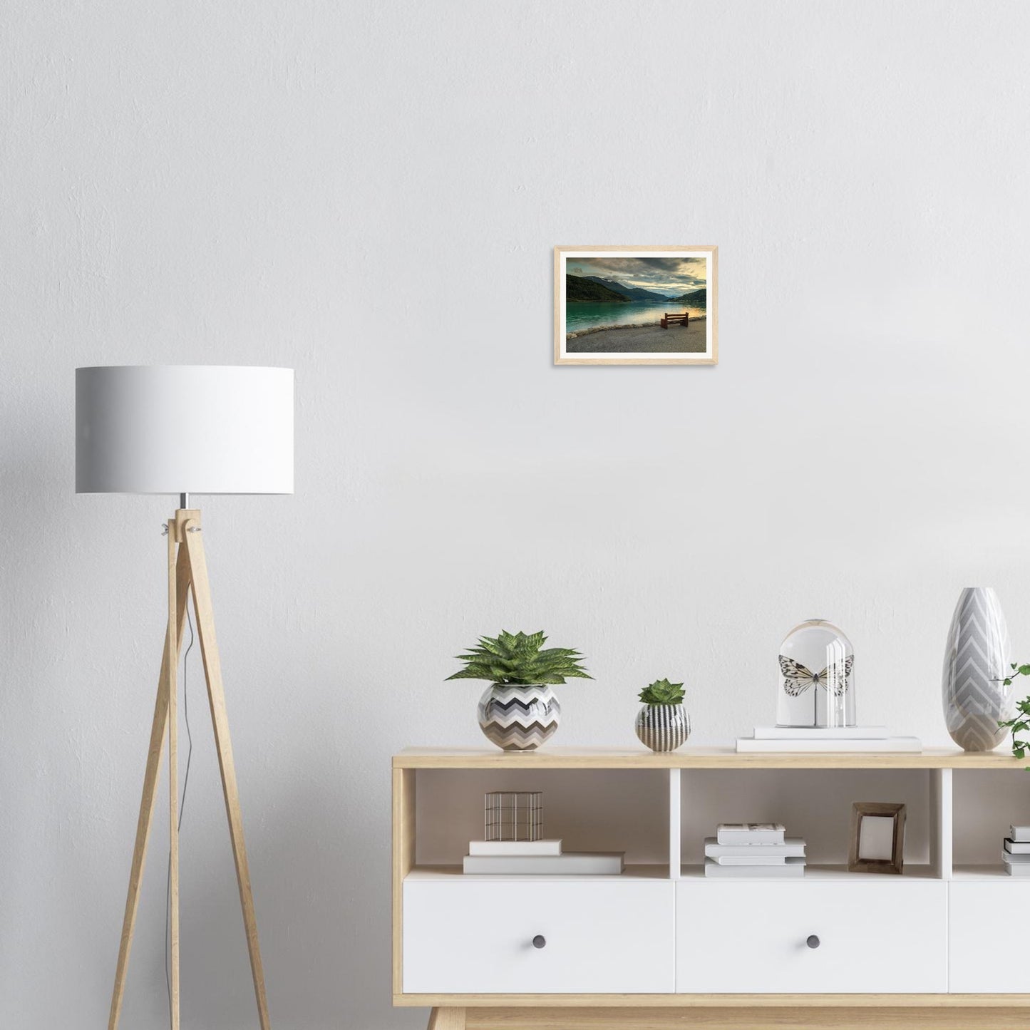 Scenic framed wall art of Norwegian fjord at dusk