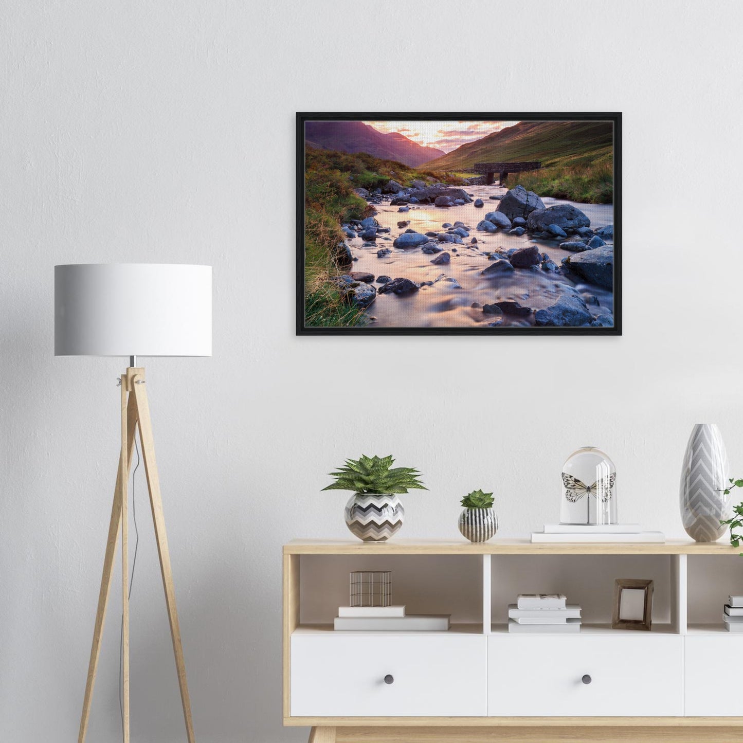 Golden hour glow over Cumbrian valley in framed canvas