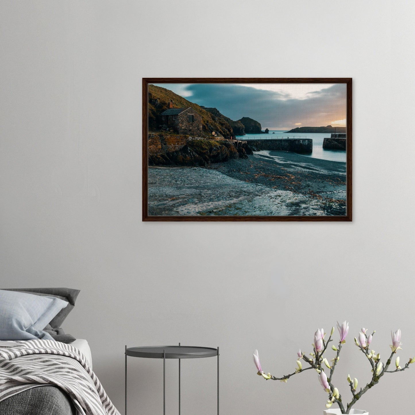 Calm sea and historic harbour Cornwall print