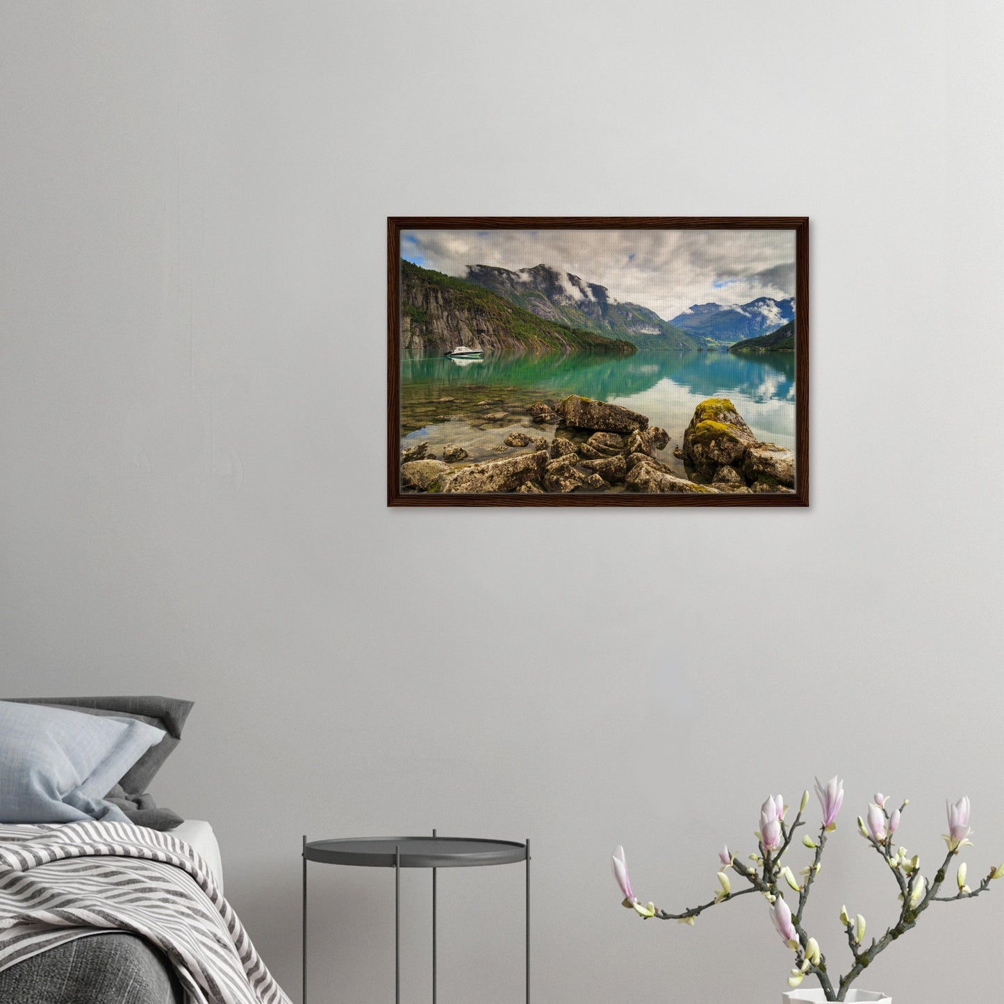 Serene Strynevatnet framed artwork with rocky shoreline
