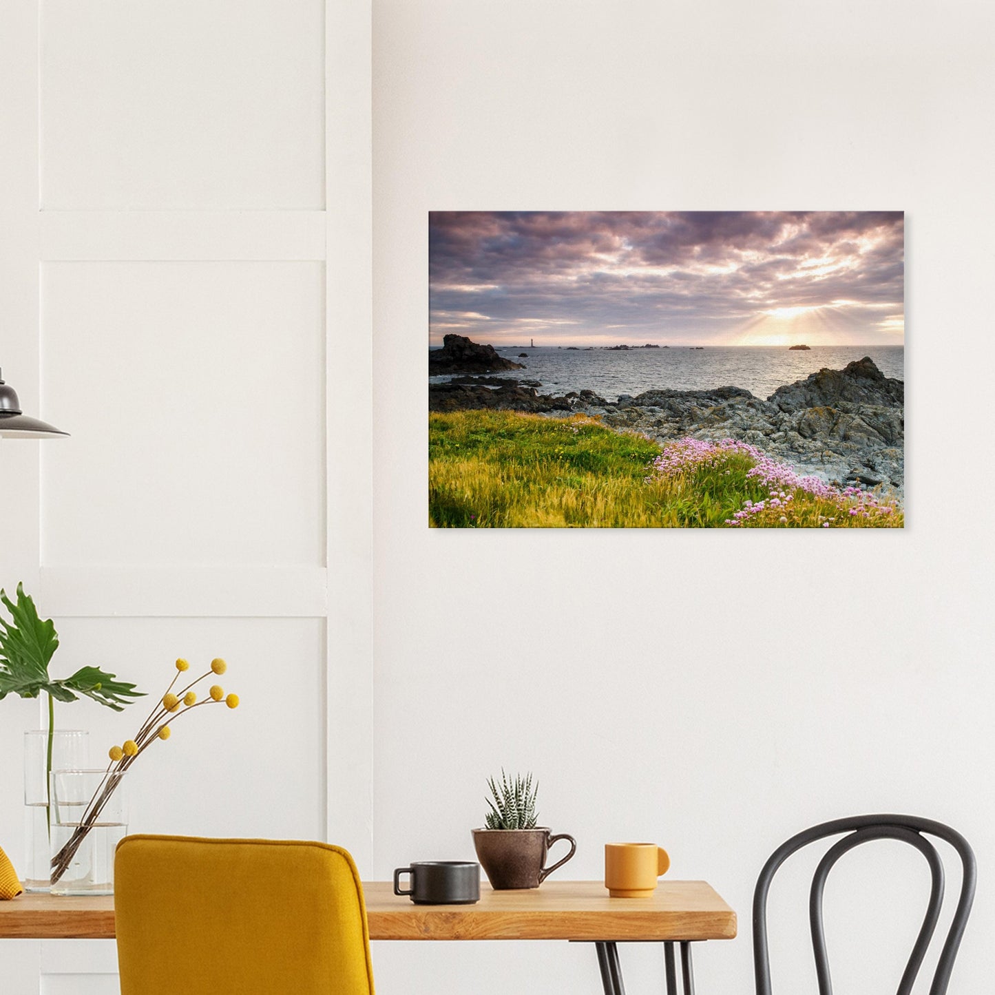 Canvas artwork capturing a radiant sky and soft floral detail at Guernsey’s Pleinmont Point with Les Hanois Lighthouse in view.