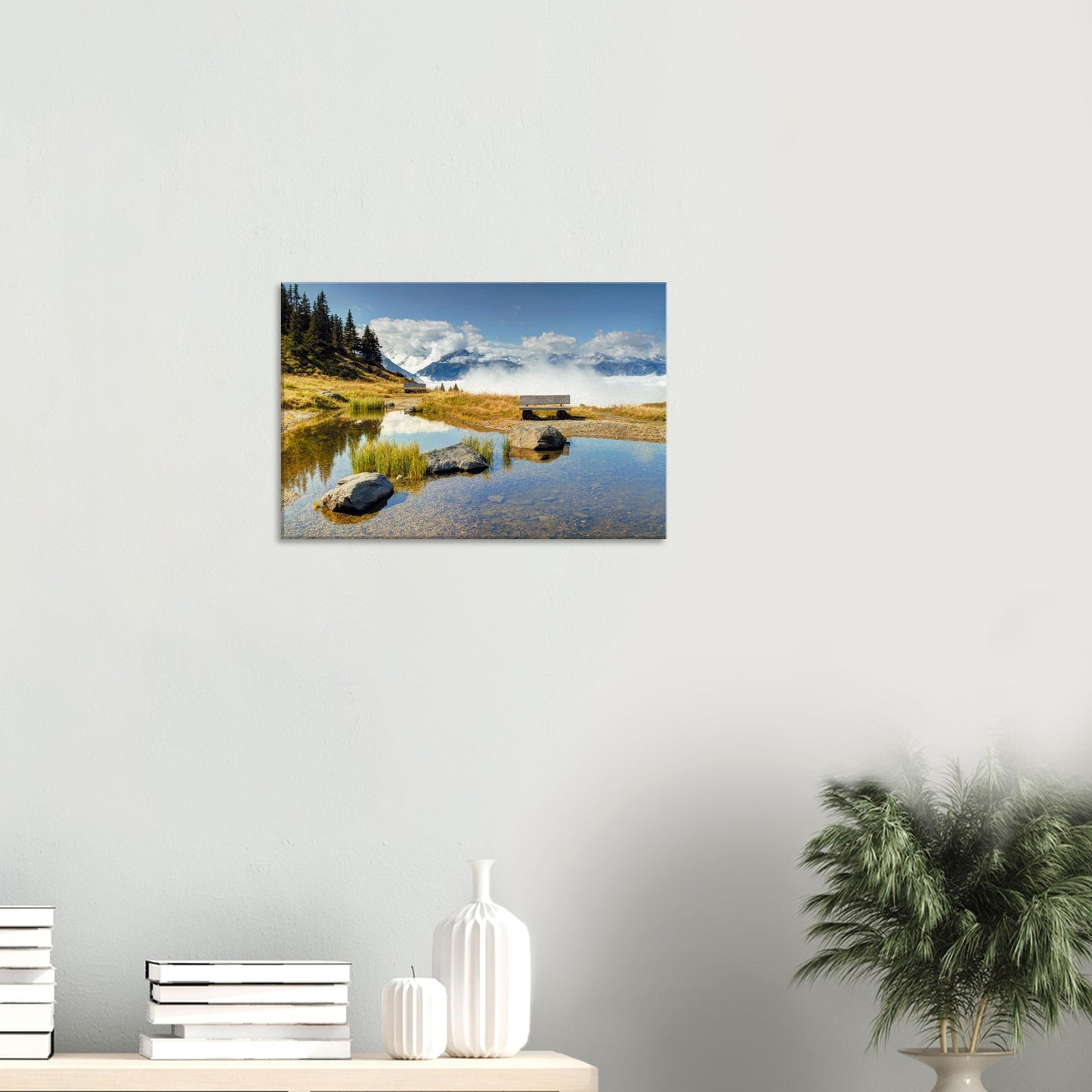 Canvas print capturing the peaceful beauty of Austria’s Panoramabahn with a reflective pond and misty mountain view.