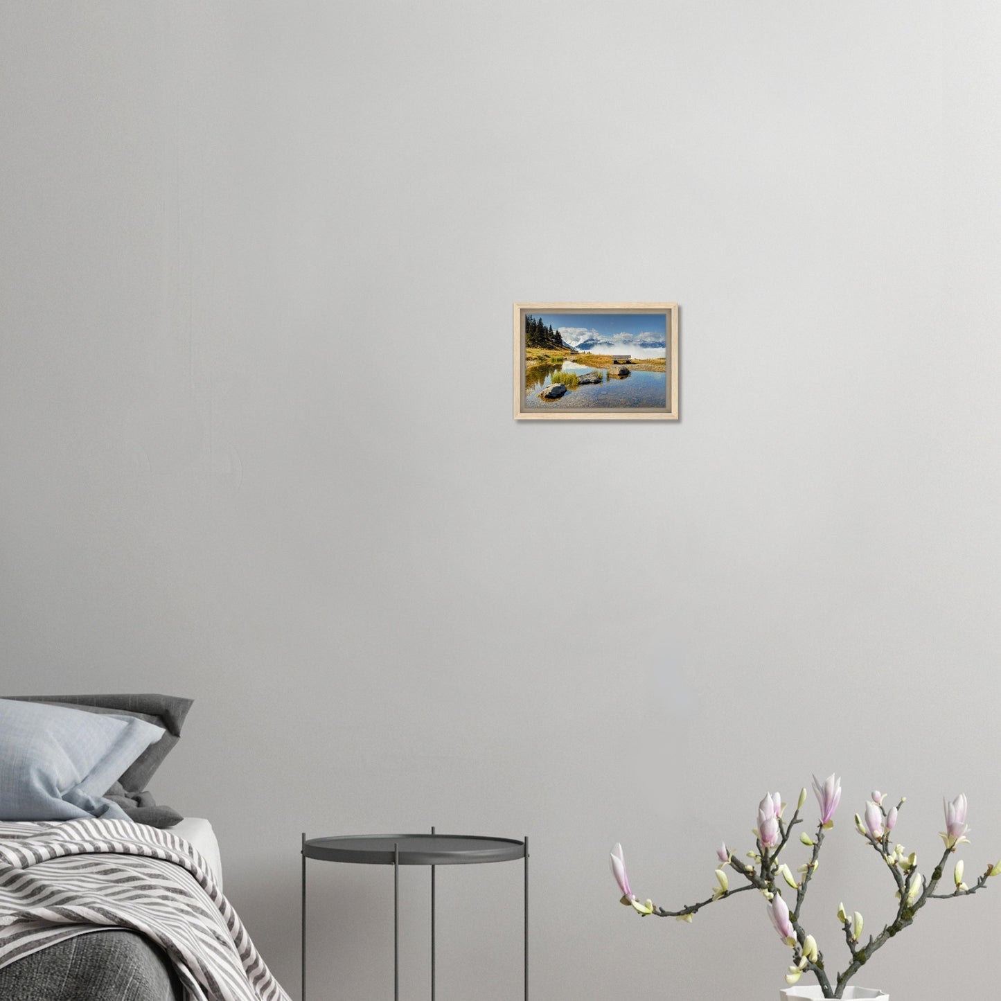 Austrian mountain scene with pond and clouds in canvas frame