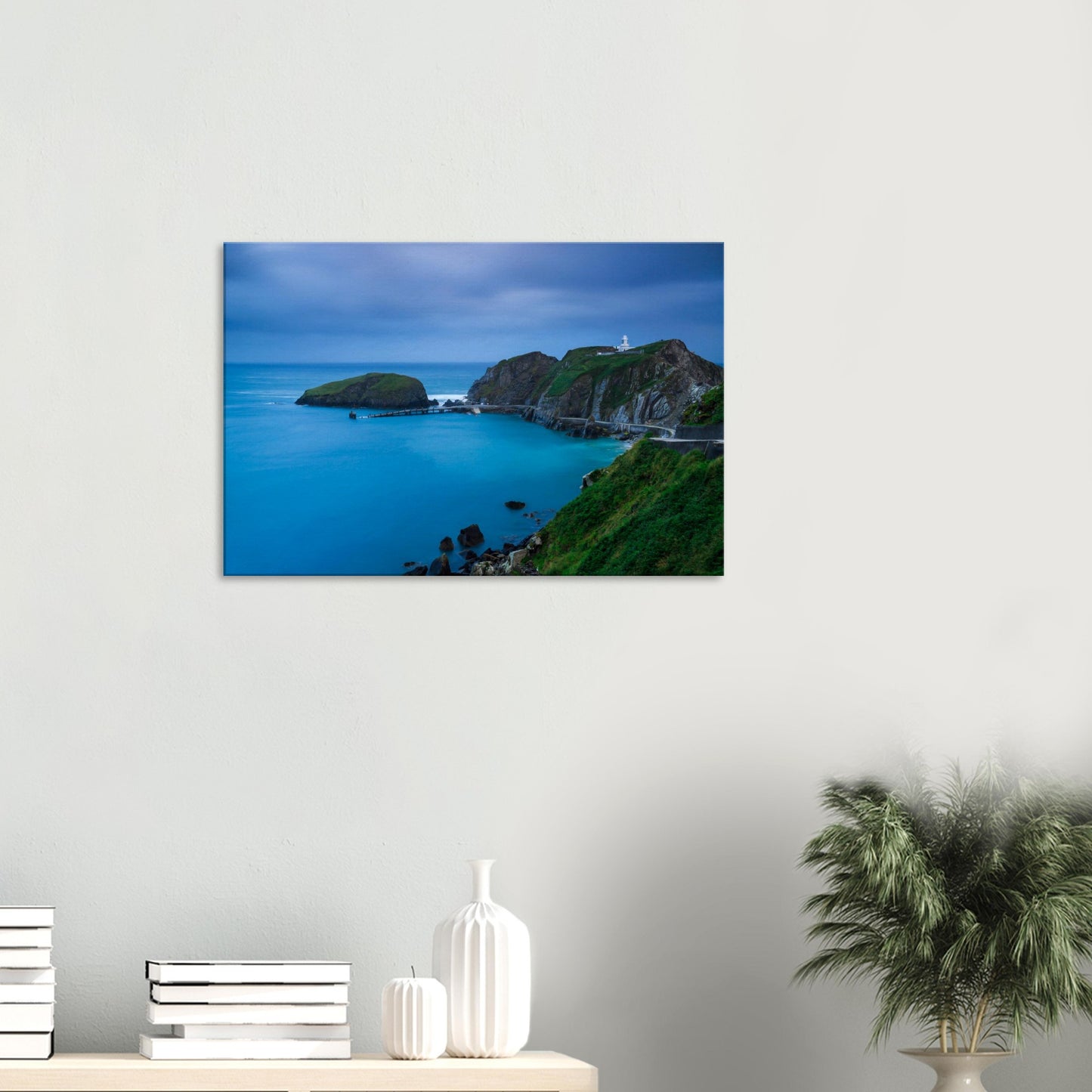 Canvas wall art of Lundy Island’s coastline at dusk, showing a historic lighthouse and a peaceful sea embraced by soft twilight hues.