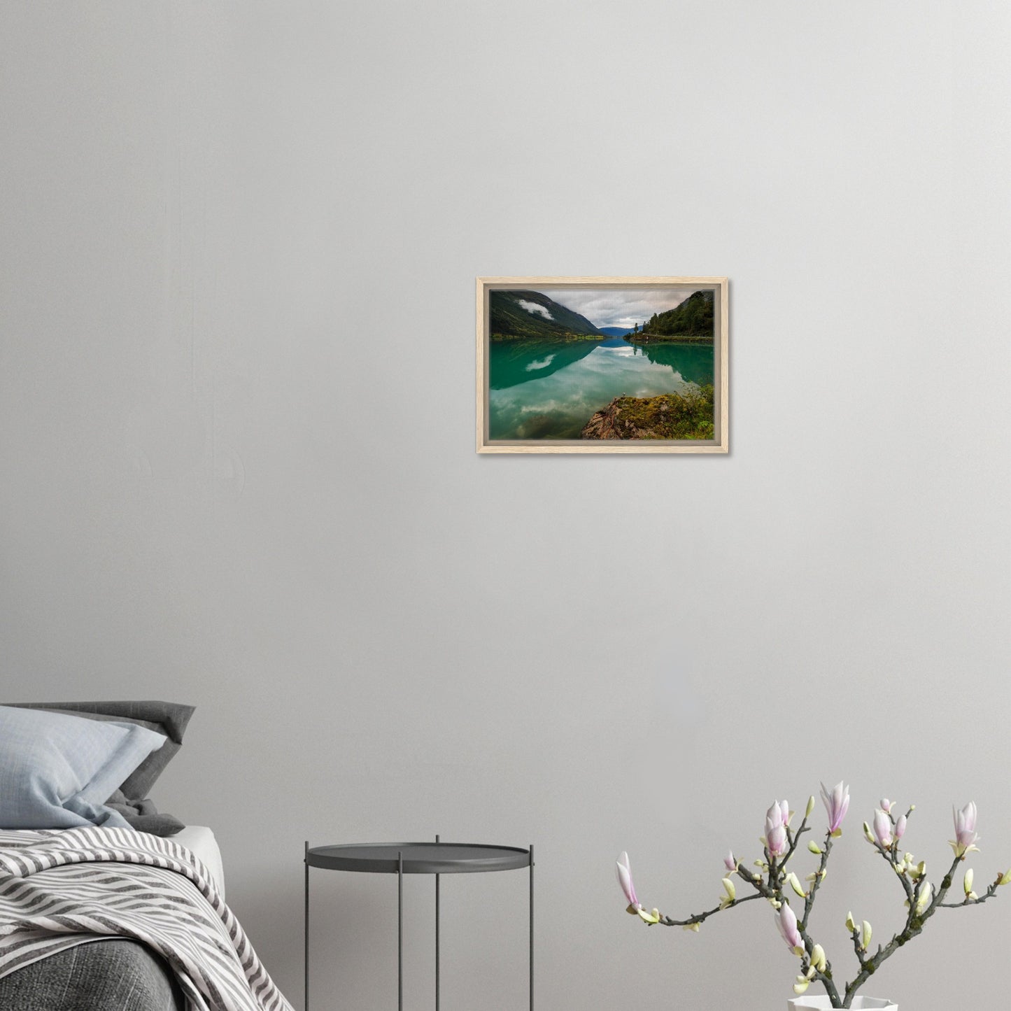Reflected sky and hills on Oldevatnet Lake in framed canvas