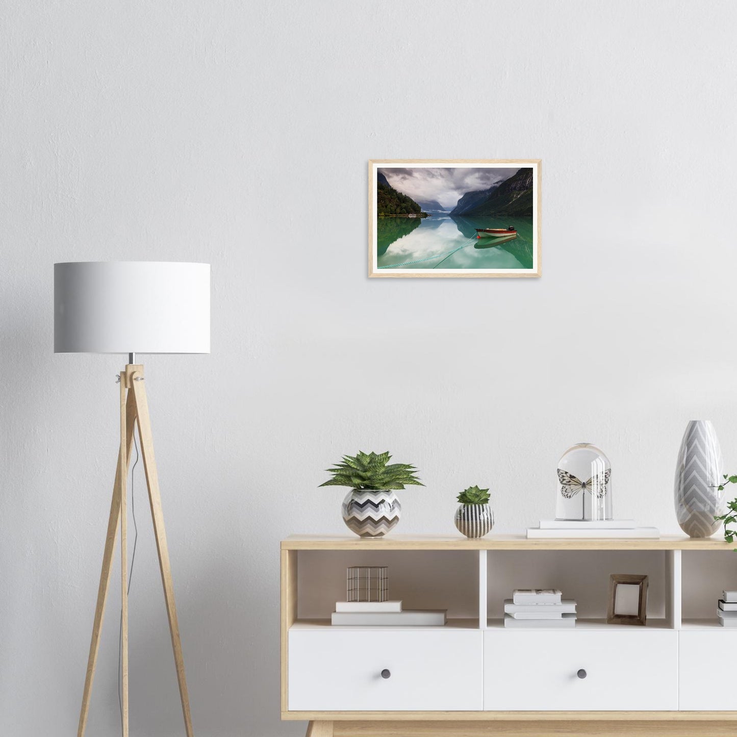 Framed print of Lovatnet Lake in Norway with tethered boat
