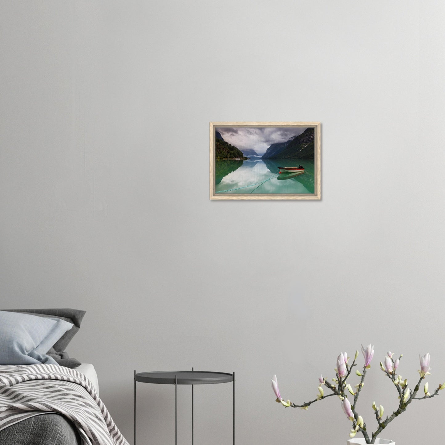 Misty mountains over calm waters at Lovatnet Lake in canvas