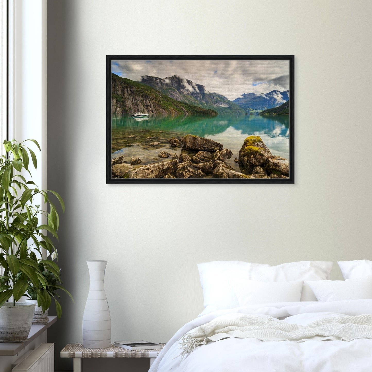 Framed wall art of Norway lake and dramatic cliffs
