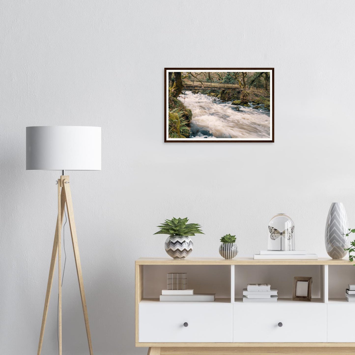 River Plym framed landscape wall art with quaint wooden bridge