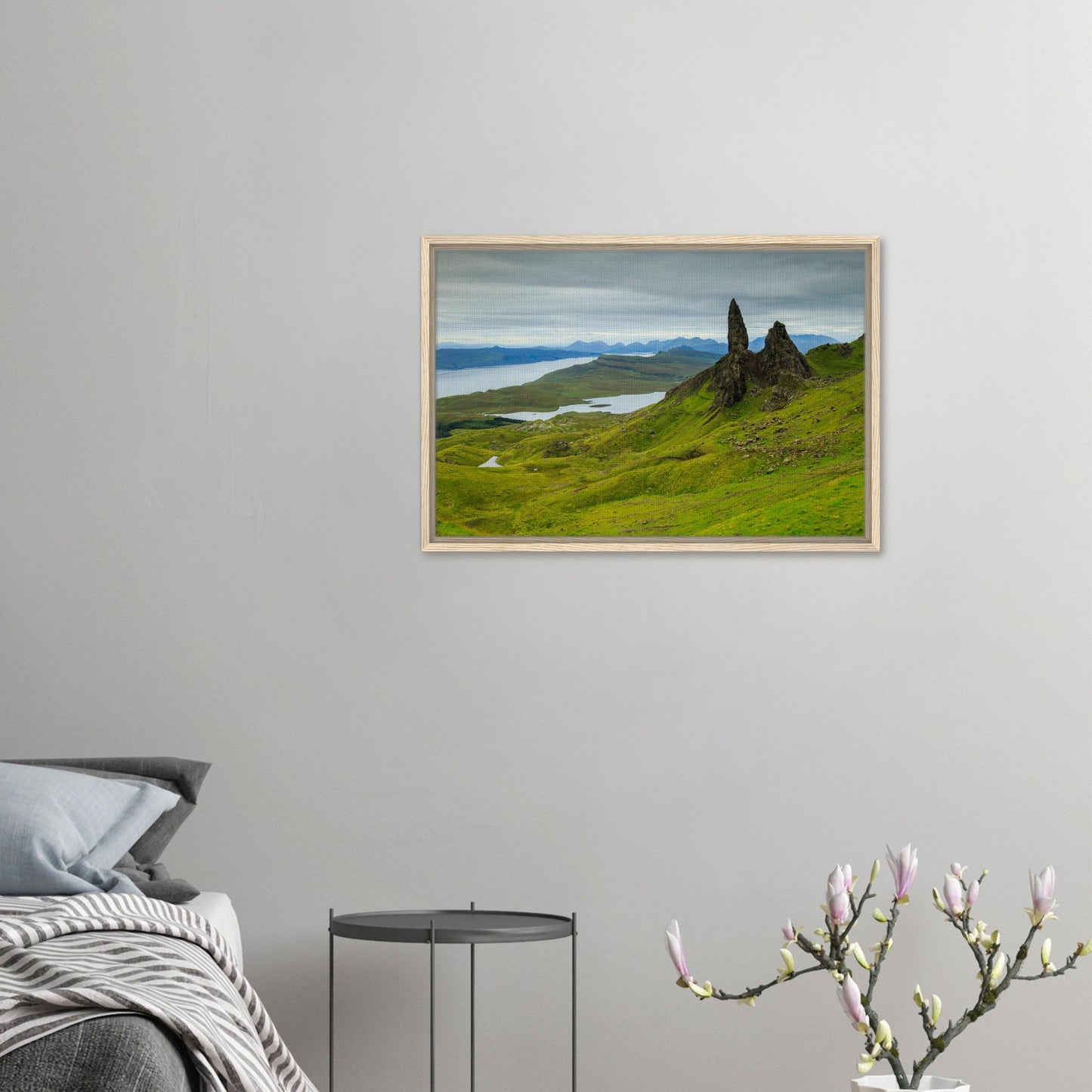 Lush green hills below The Old Man of Storr in scenic canvas