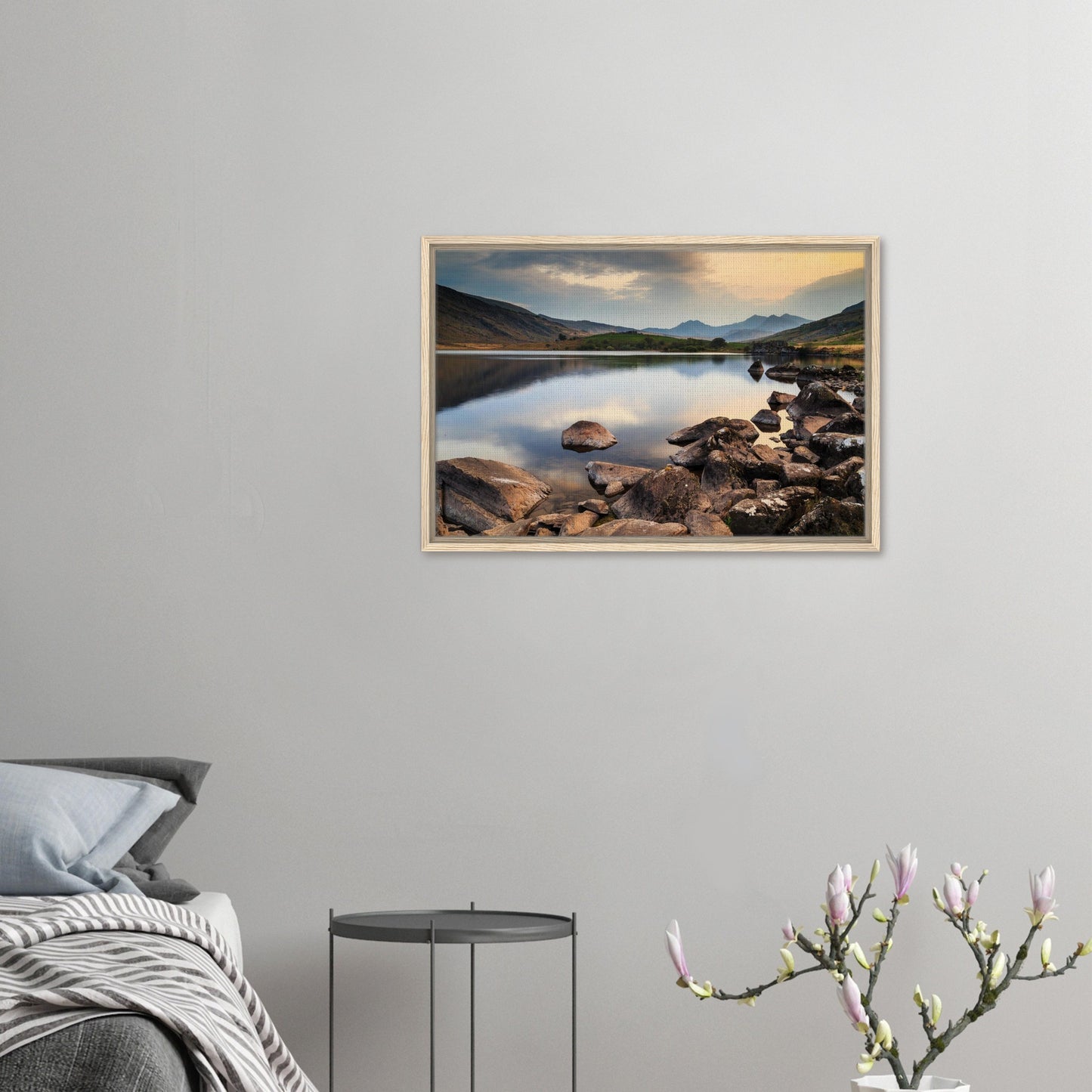 Sunset colours reflecting in framed Llynnau Mymbyr canvas