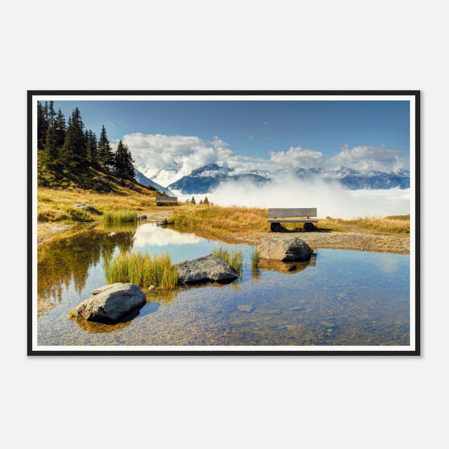 Tranquil pond reflecting sky at Resterhöhe in Austrian Alps