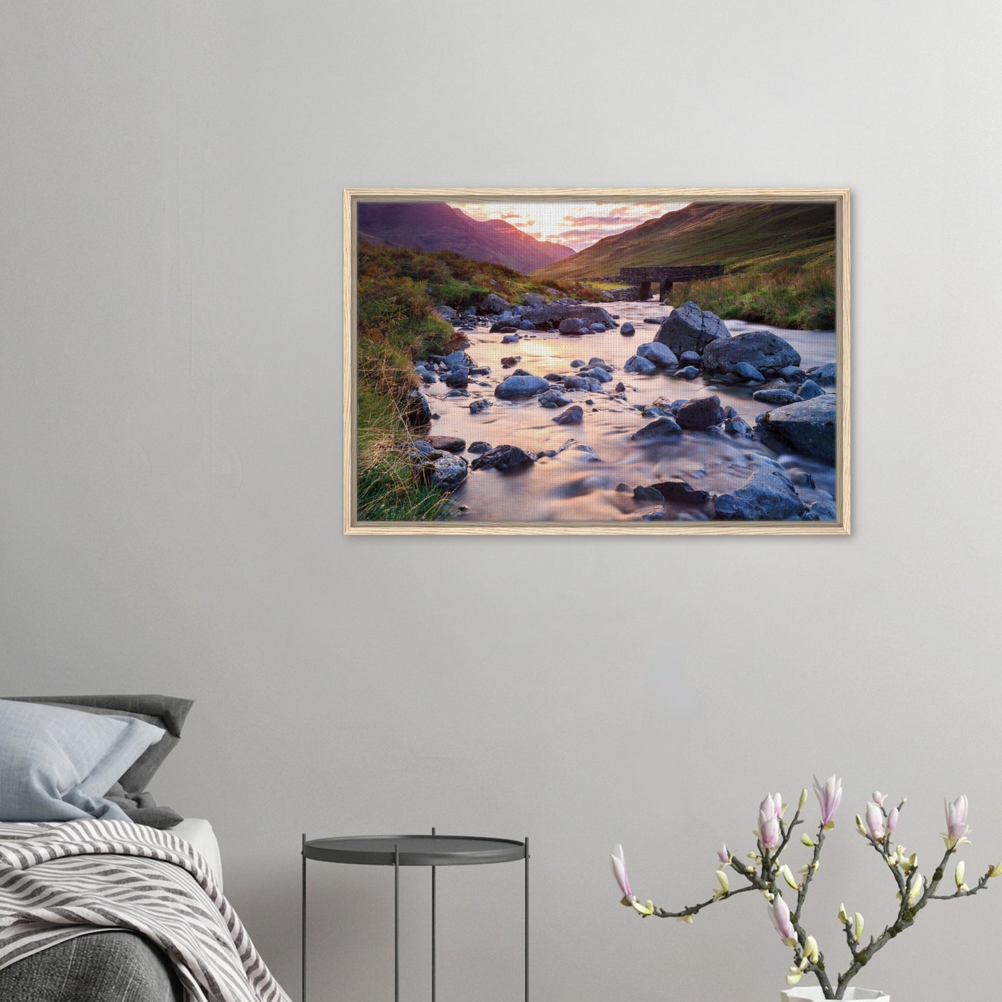 Stone bridge and winding stream at Honister Pass in framed canvas