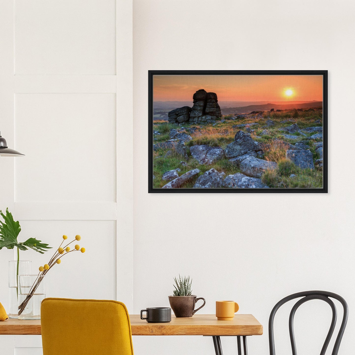 Framed canvas of Leeden Tor and grassy moor at golden hour