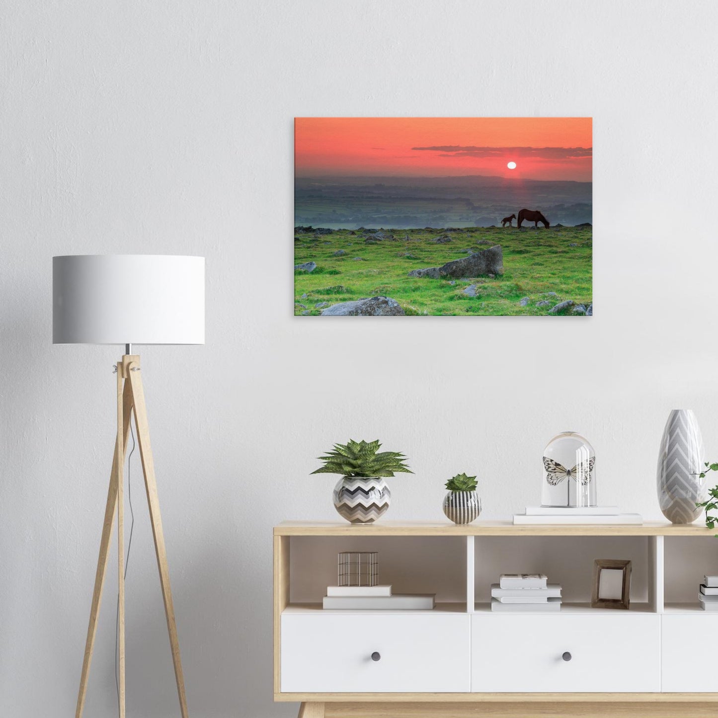 Evening canvas print of Dartmoor’s natural beauty with mare and foal grazing at dusk.