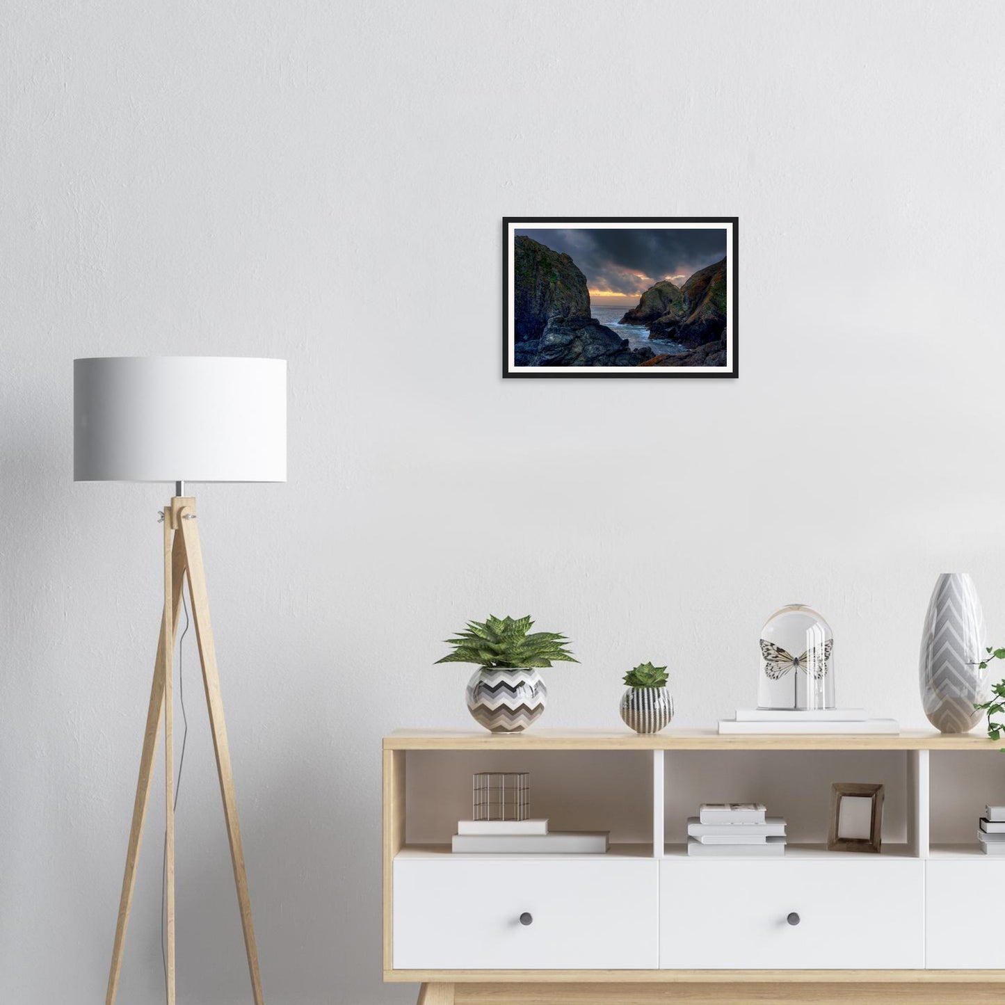 Dramatic Cornish coastline framed wall art of Mullion Cove
