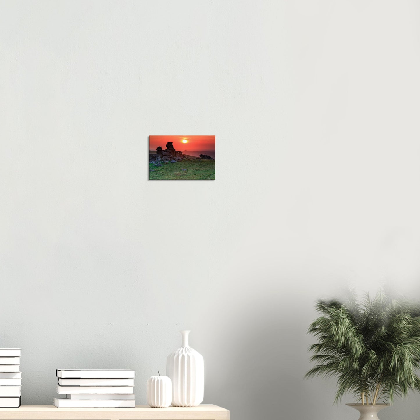 Dartmoor National Park landscape with glowing sky and rocky tor, canvas print.