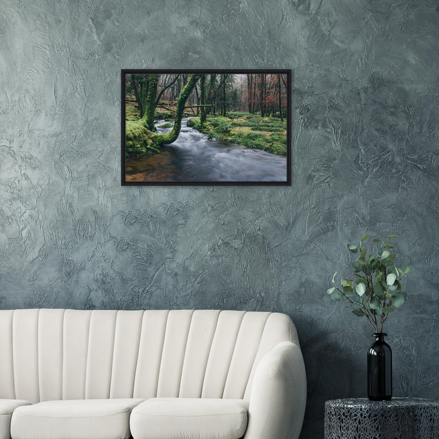 Dartmoor framed canvas with gentle river and ancient trees