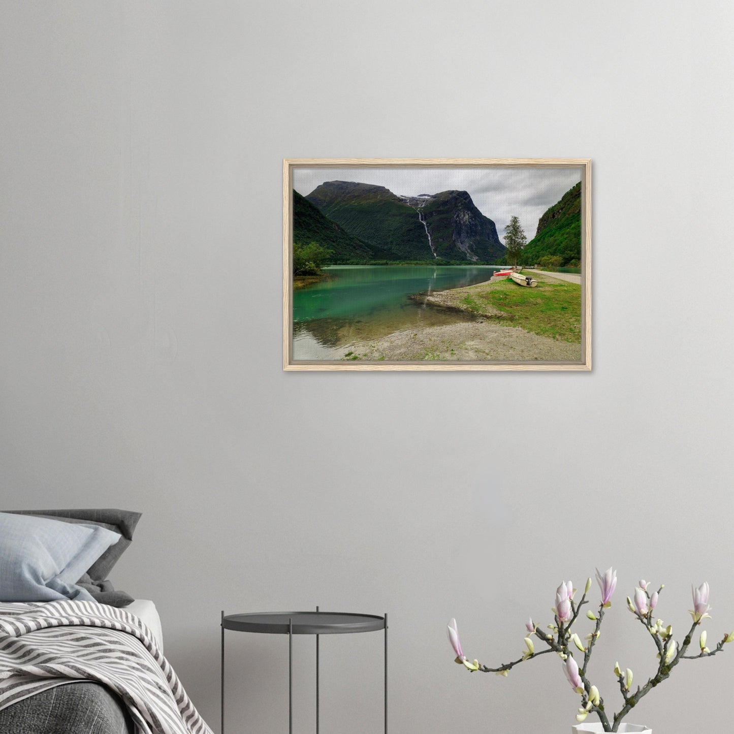 Boats on emerald water in Norway landscape canvas print