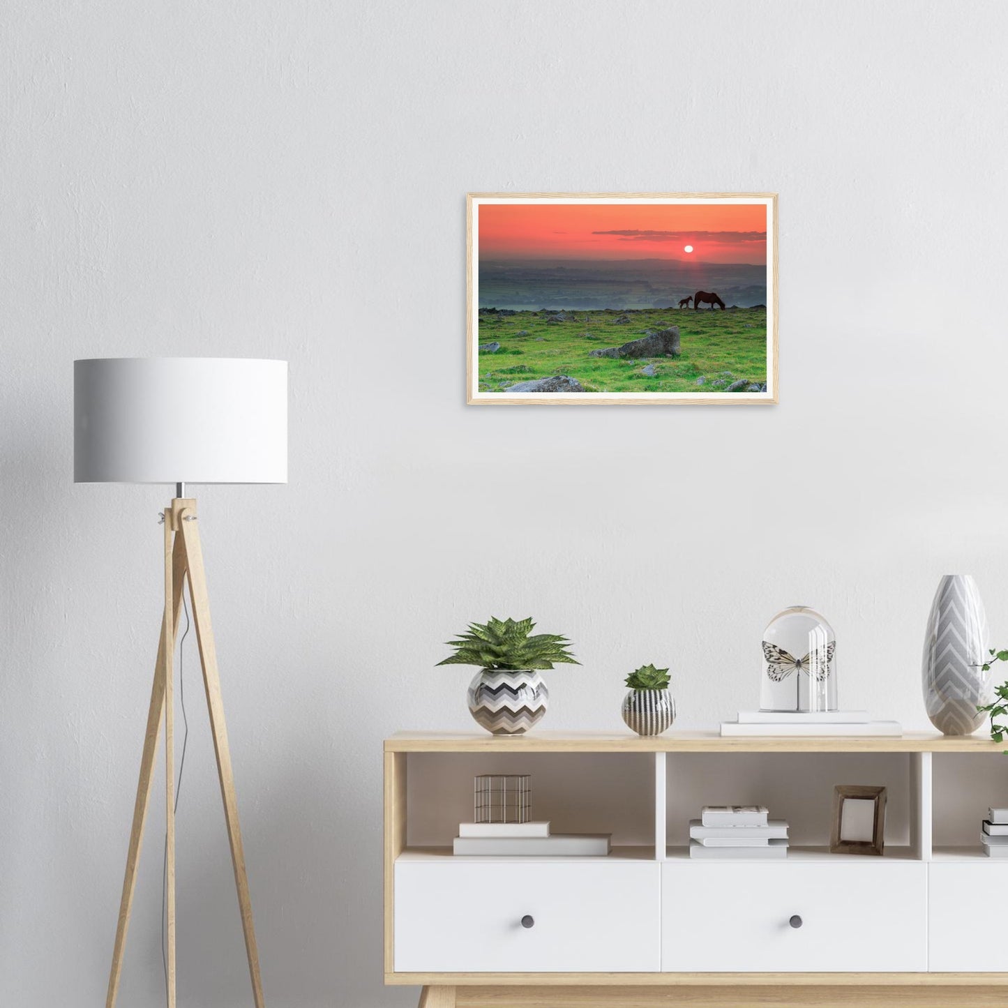 Vibrant sunset sky above Dartmoor framed print with horses