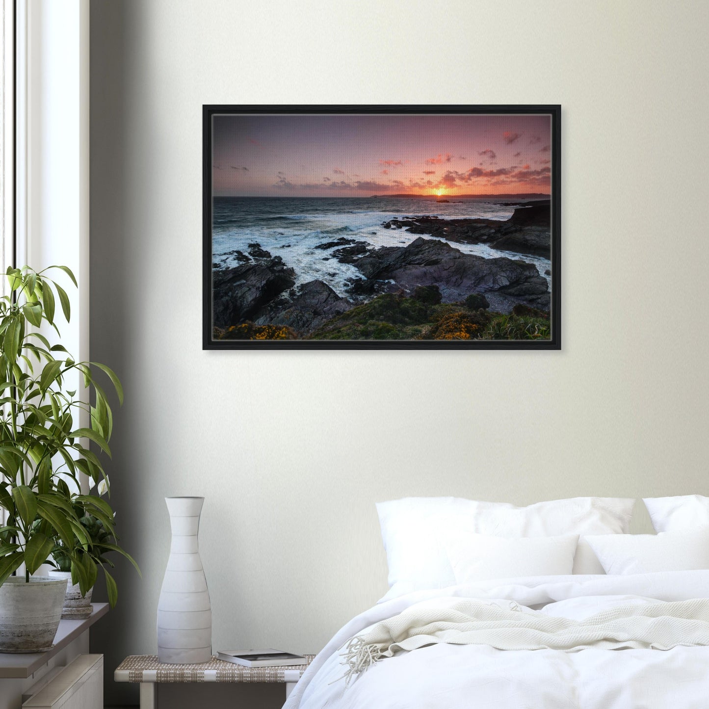 Framed canvas of Devon seascape with evening tones and breeze