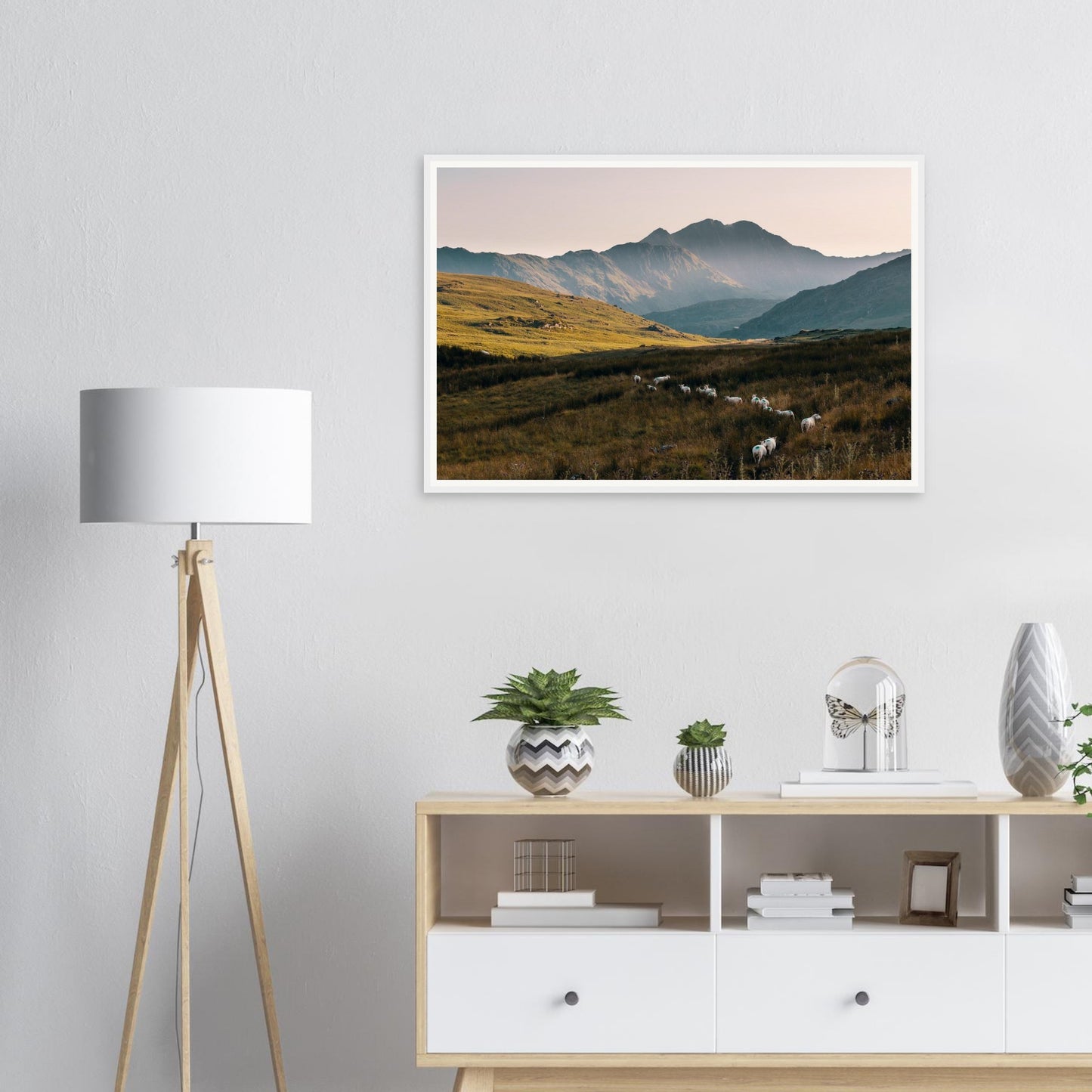 Framed landscape print of sheep in Snowdonia countryside