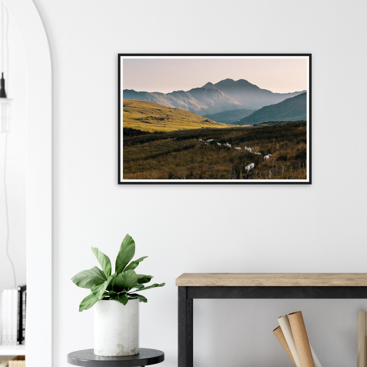 Scenic framed wall art of Snowdonia pastoral sunset view