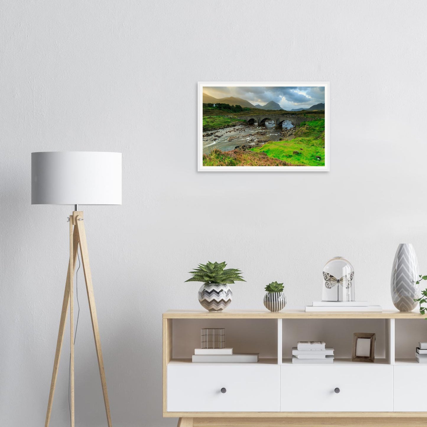 Mist-shrouded Cuillin mountains behind Sligachan Old Bridge framed art