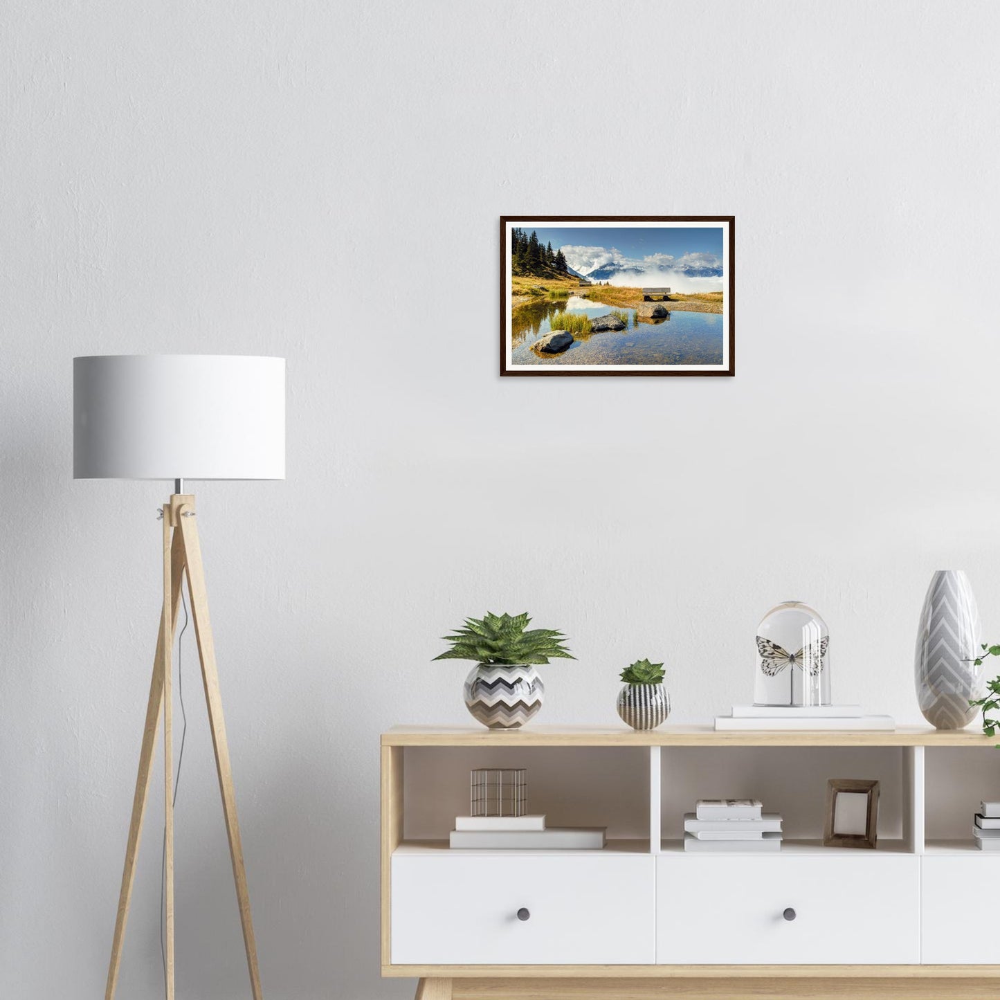 Peaceful bench view of alpine mountains in Panoramabahn framed art