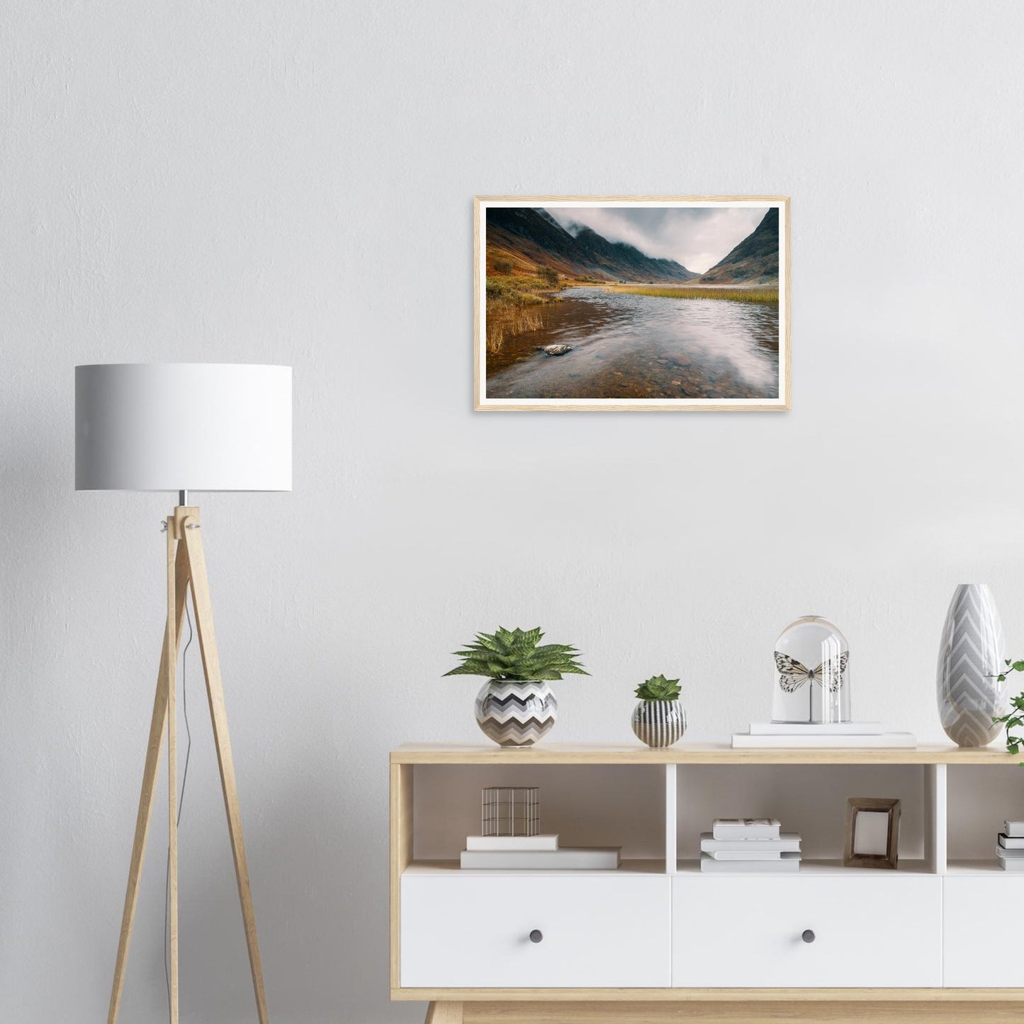 Scenic framed wall art of reeds at Loch Achtriochtan Scotland