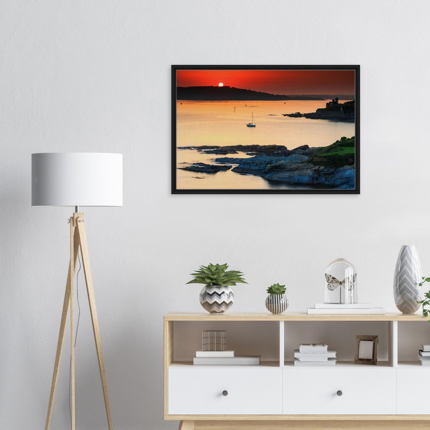 Coastal rocks and golden sea at Plymouth dusk in wall art