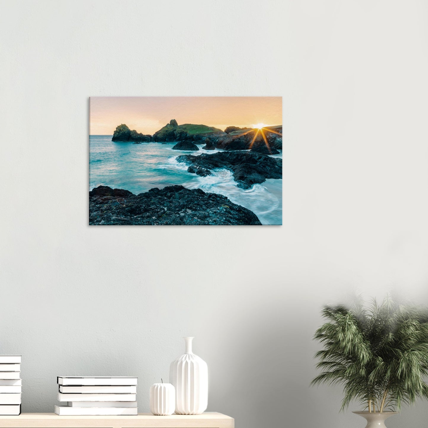 Peaceful coastal scene with cliffs and silky sea at sunset in Kynance Cove, Cornwall