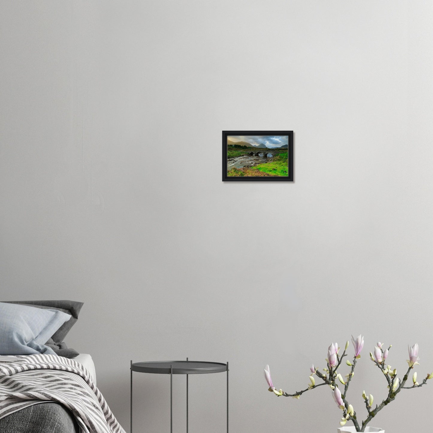 Sligachan Bridge framed artwork with misty mountain backdrop
