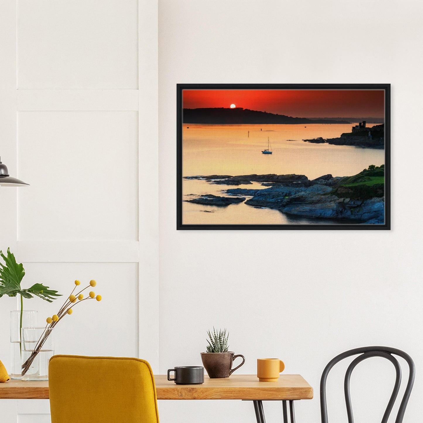 Framed seascape print of Devon with warm sunset colours