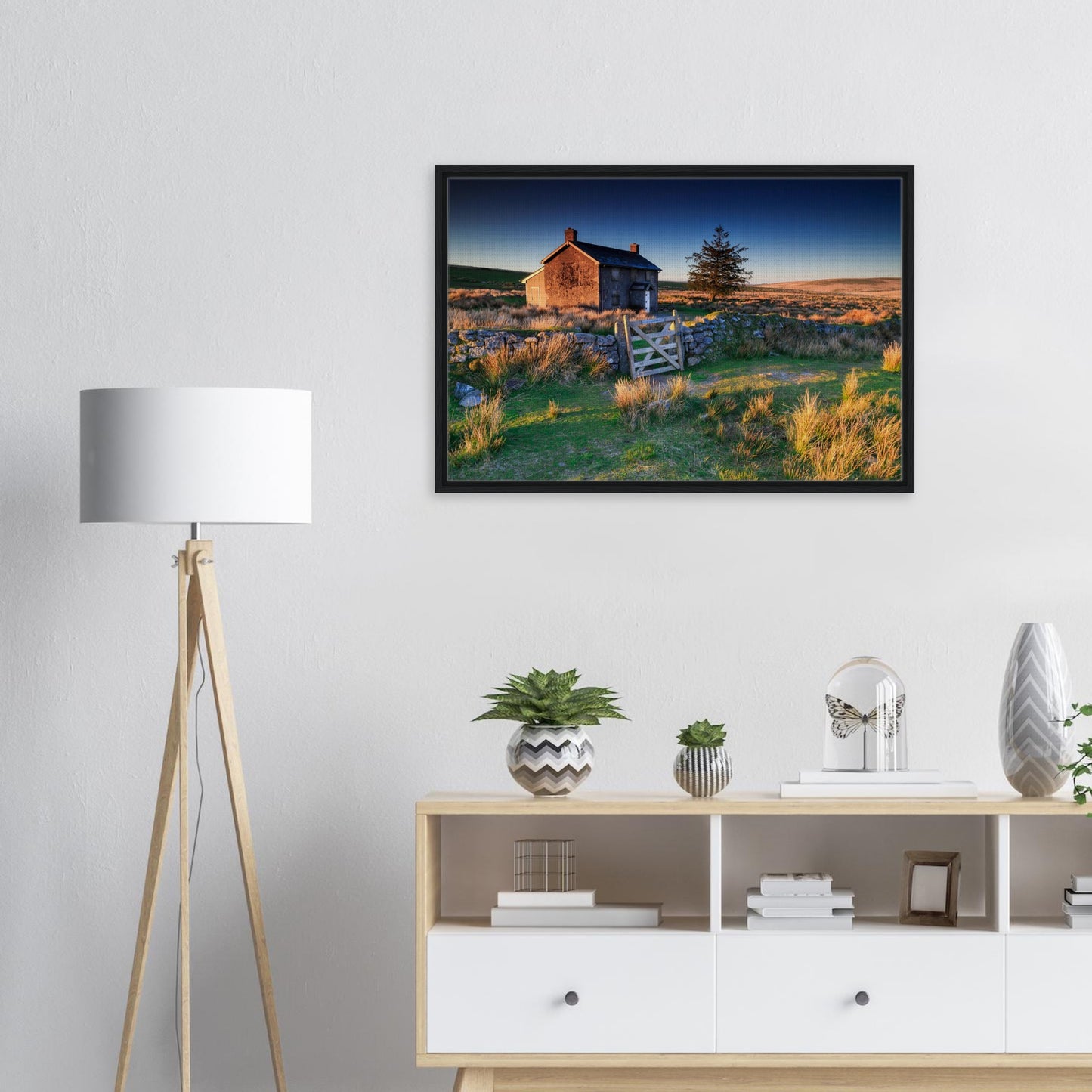 Framed print of Dartmoor farm at daybreak with warm tones