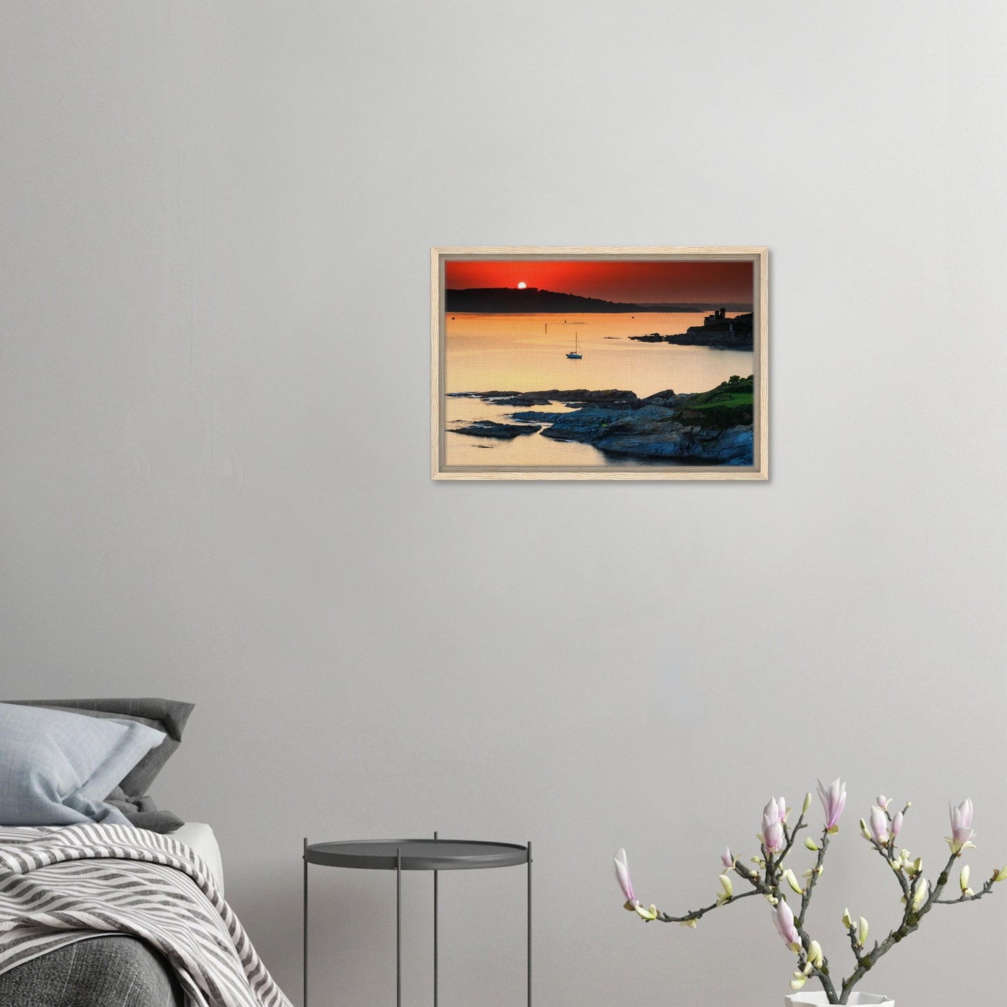 Framed print of maritime scene in Devon with coastal rocks