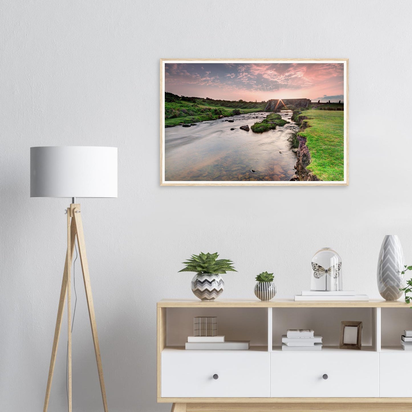 Sunlit river beneath historic Cadover Bridge in Dartmoor framed print