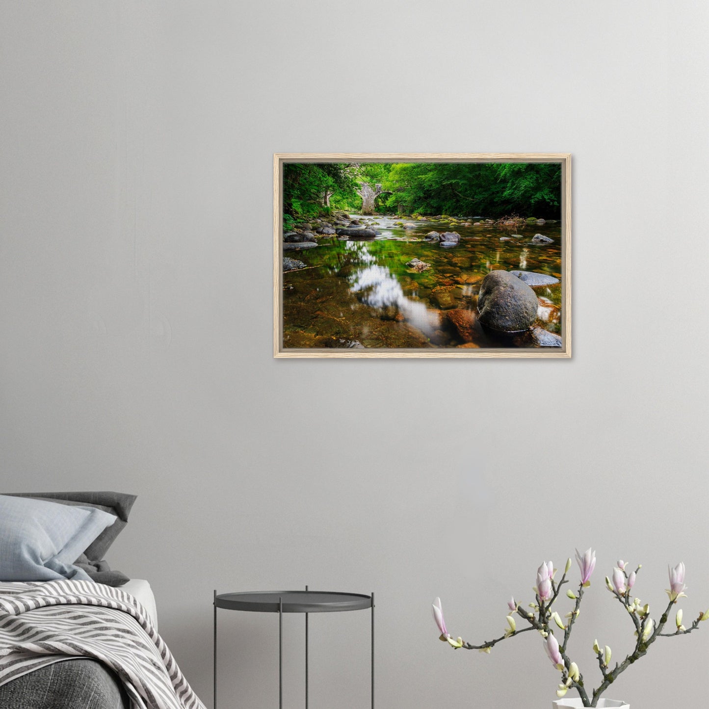 Historic Newbridge reflected in River Dart framed canvas