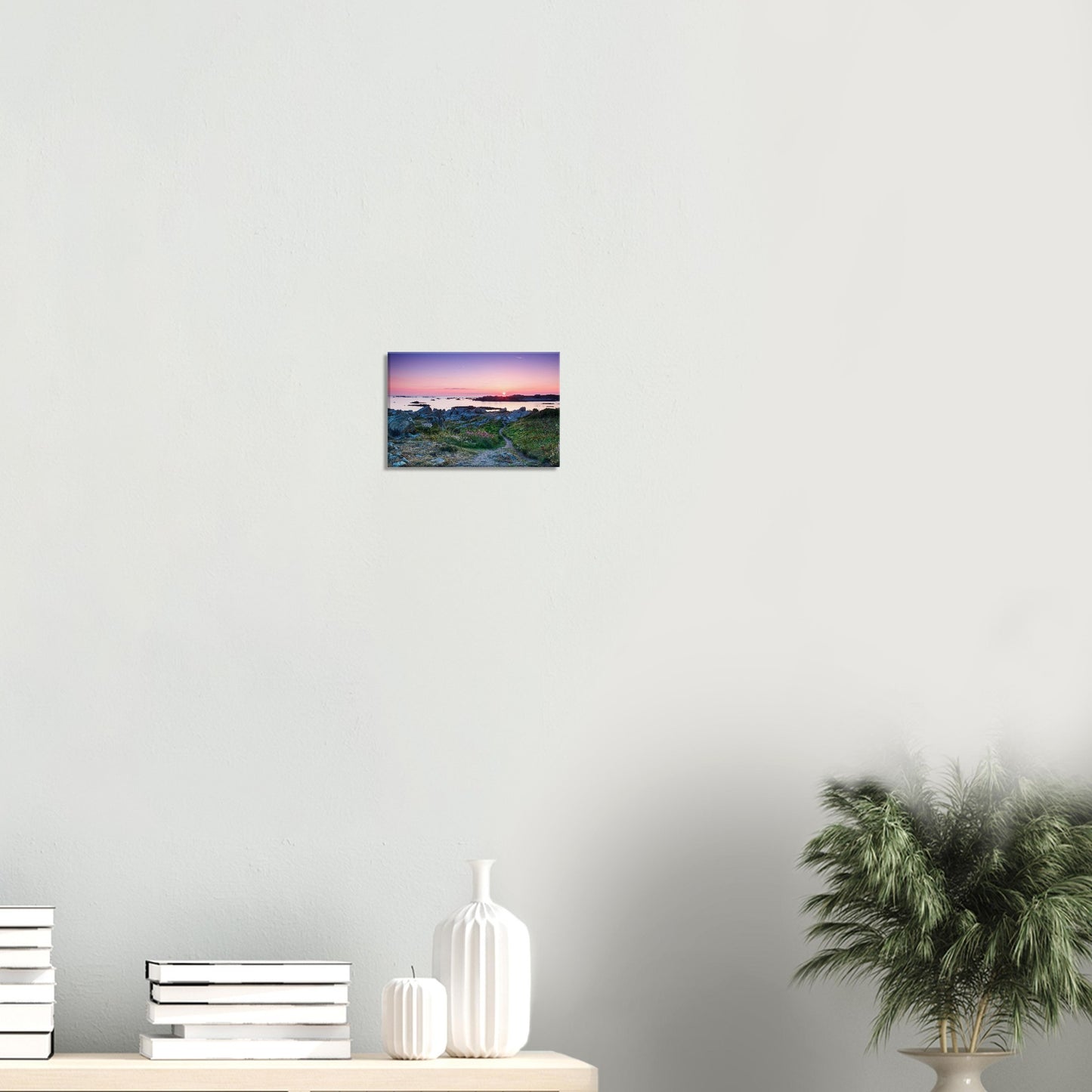 Sunset canvas from Guernsey showing Lihou Island’s rugged coastline, golden reflections, and tranquil dusk atmosphere.