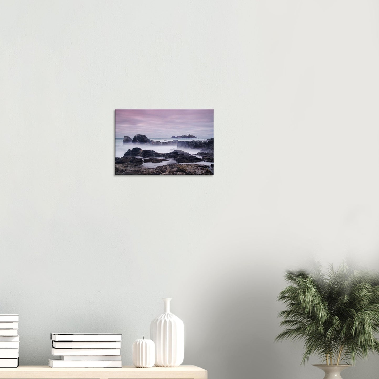 Dreamy Godrevy canvas artwork showing a lighthouse amid misty waters and rugged Cornish rocks at twilight.