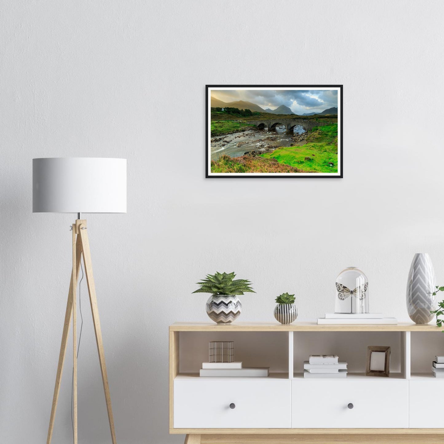 Flowing river beneath Sligachan Old Bridge framed wall art