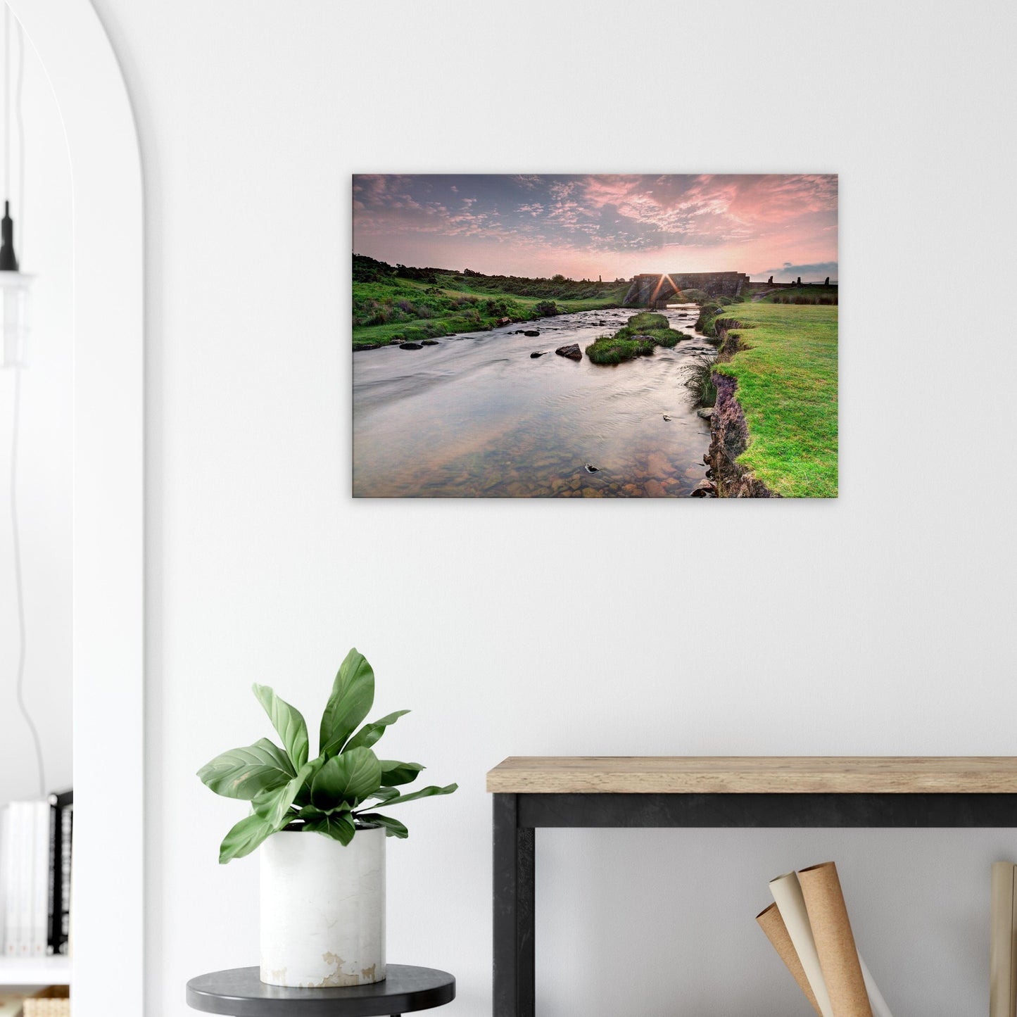 Tranquil river scene at dawn with Cadover Bridge in foreground