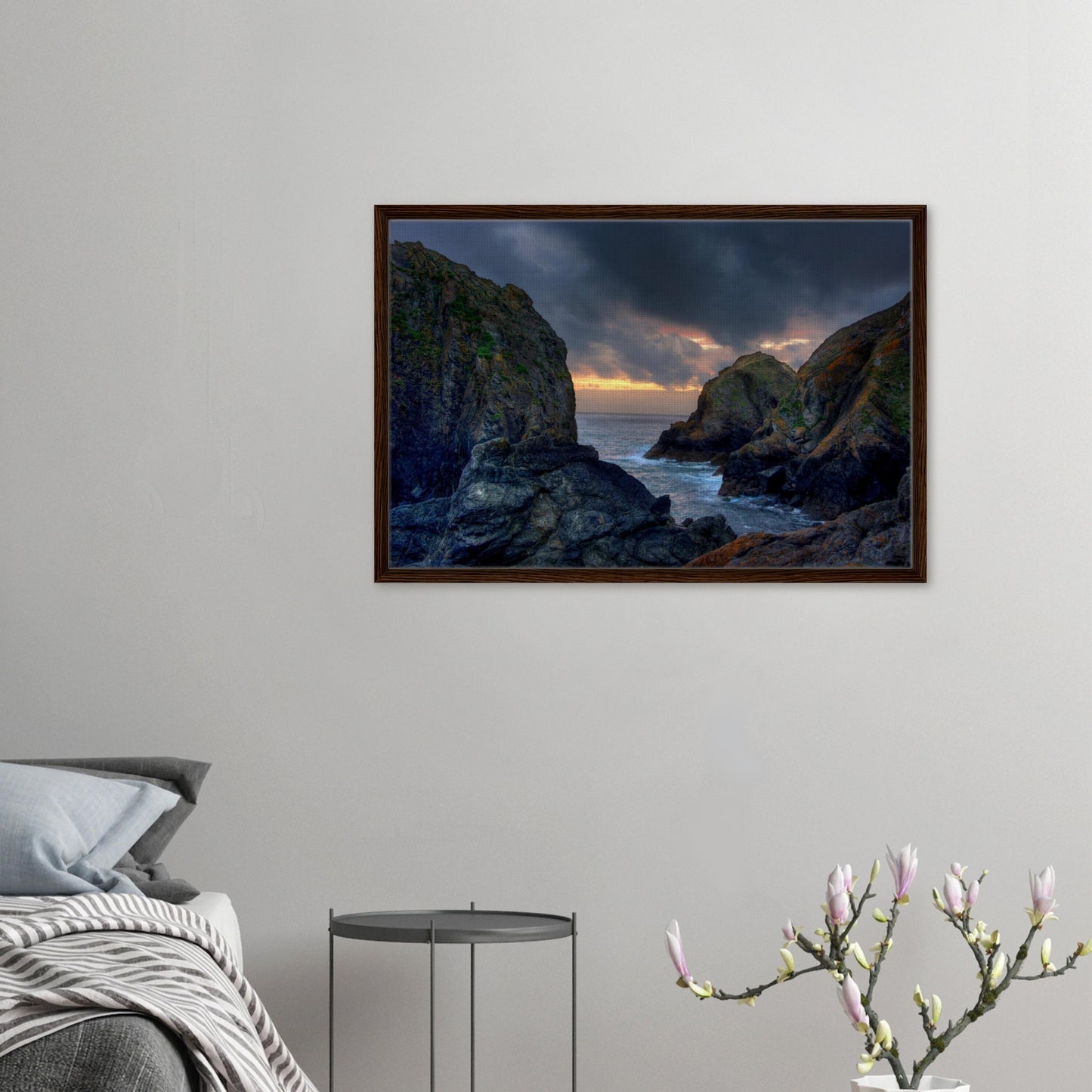 Cornwall coastal sunset framed canvas with dramatic cliffs