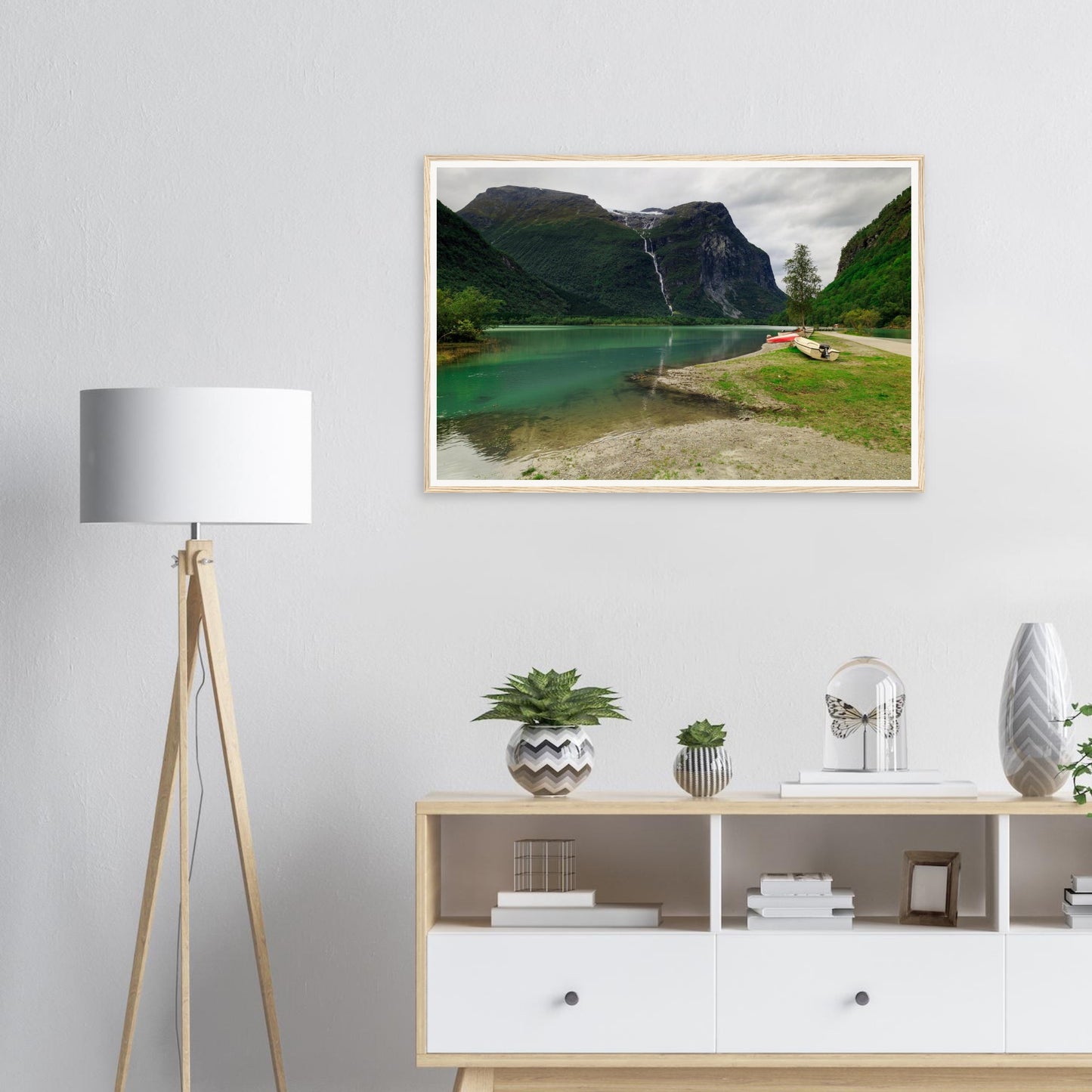 Atmospheric framed print of emerald waters and Norwegian cliffs