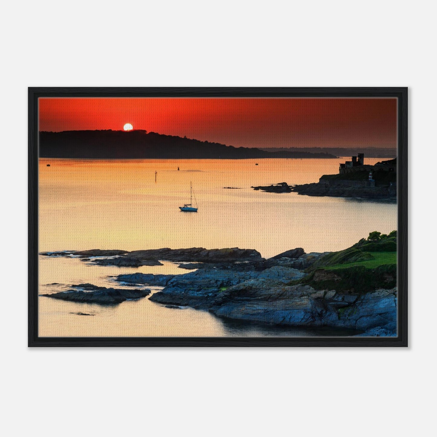 Golden hour over calm sea with sailboat in Plymouth Sound print