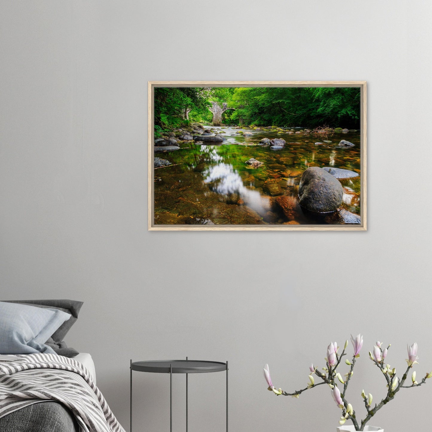 Tranquil Dartmoor print featuring Newbridge and smooth stones