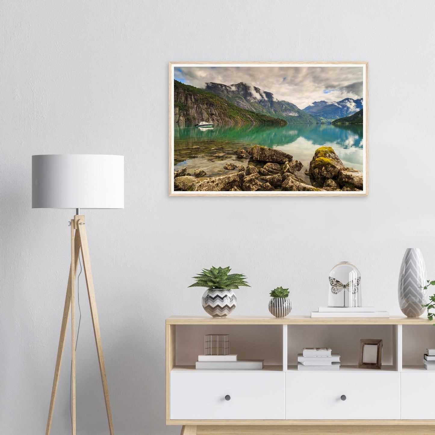 Scenic Norwegian framed wall art of Strynevatnet in soft mist
