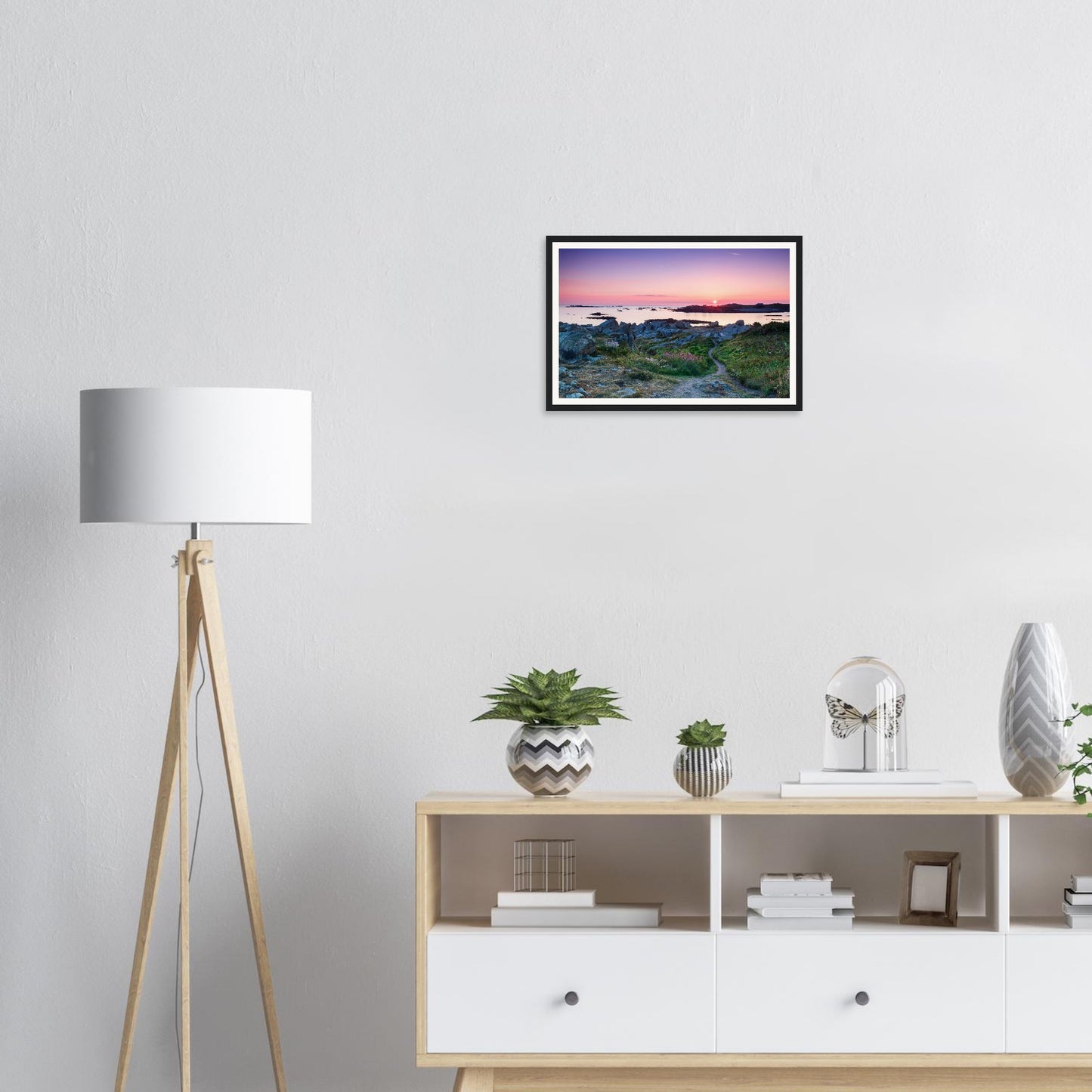 Scenic island path and wildflowers at Lihou during sunset framed print