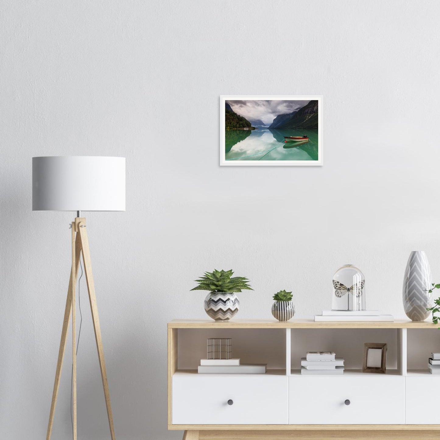 Mirror-like waters of Lovatnet Lake framed wall art
