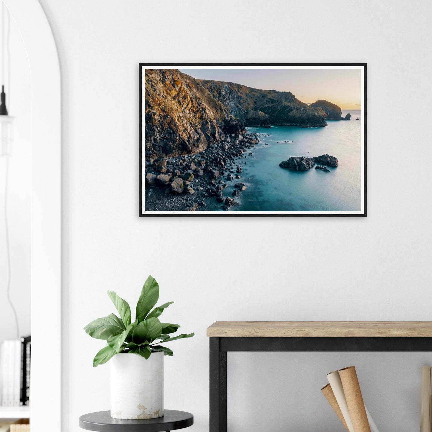 Atmospheric framed landscape print of Mullion Cove golden hour